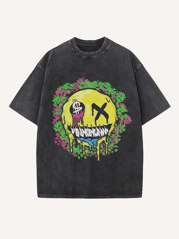 Distressed Washed Smiley Face&Money&Letter&Graphic Print Round Neck T-shirt