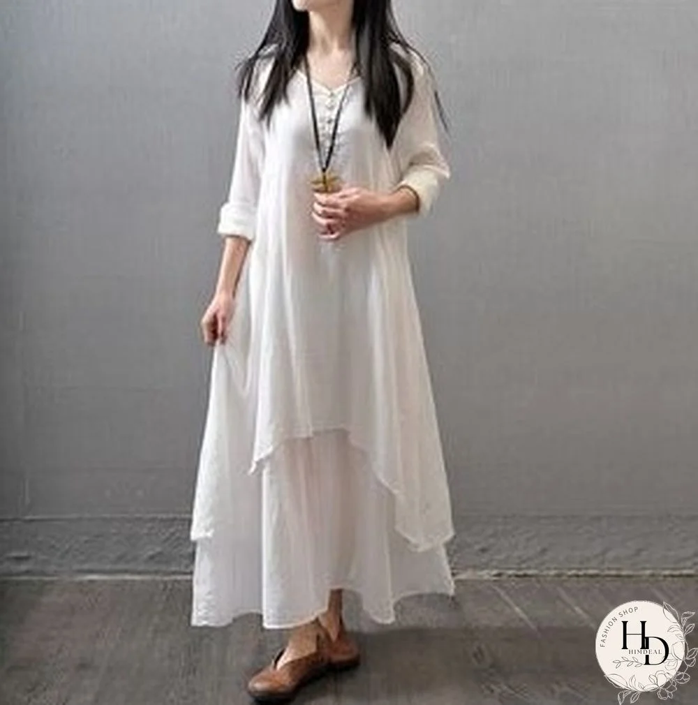 New Plus Size Women Casual Loose Dress Solid Long Sleeve Cotton Linen Boho Long Maxi Autumn Dress (Plus Size : S - 5XL)