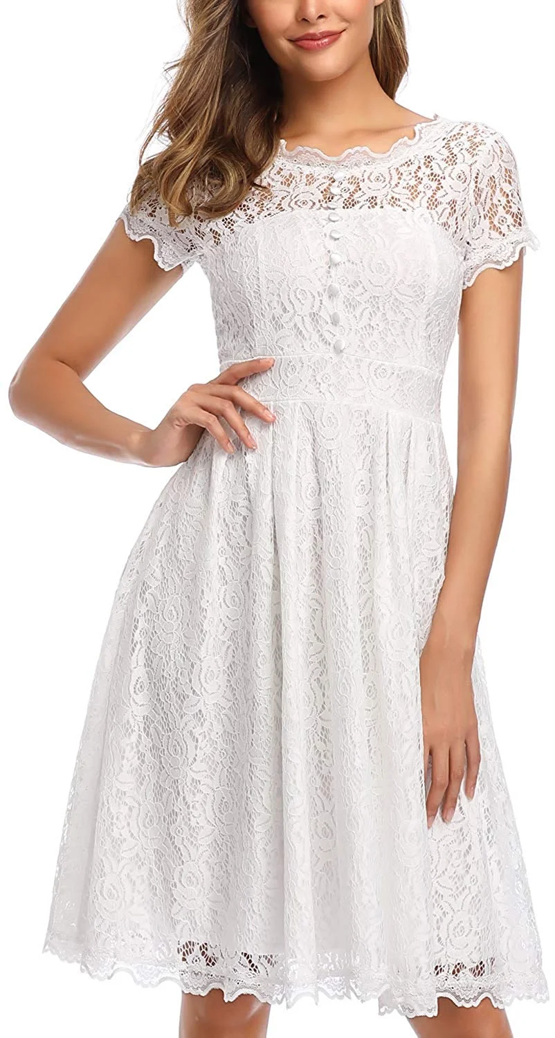 Women's Retro Floral Lace Cap Sleeve Vintage Rockabilly Swing Prom Party Bridesmaid Dress