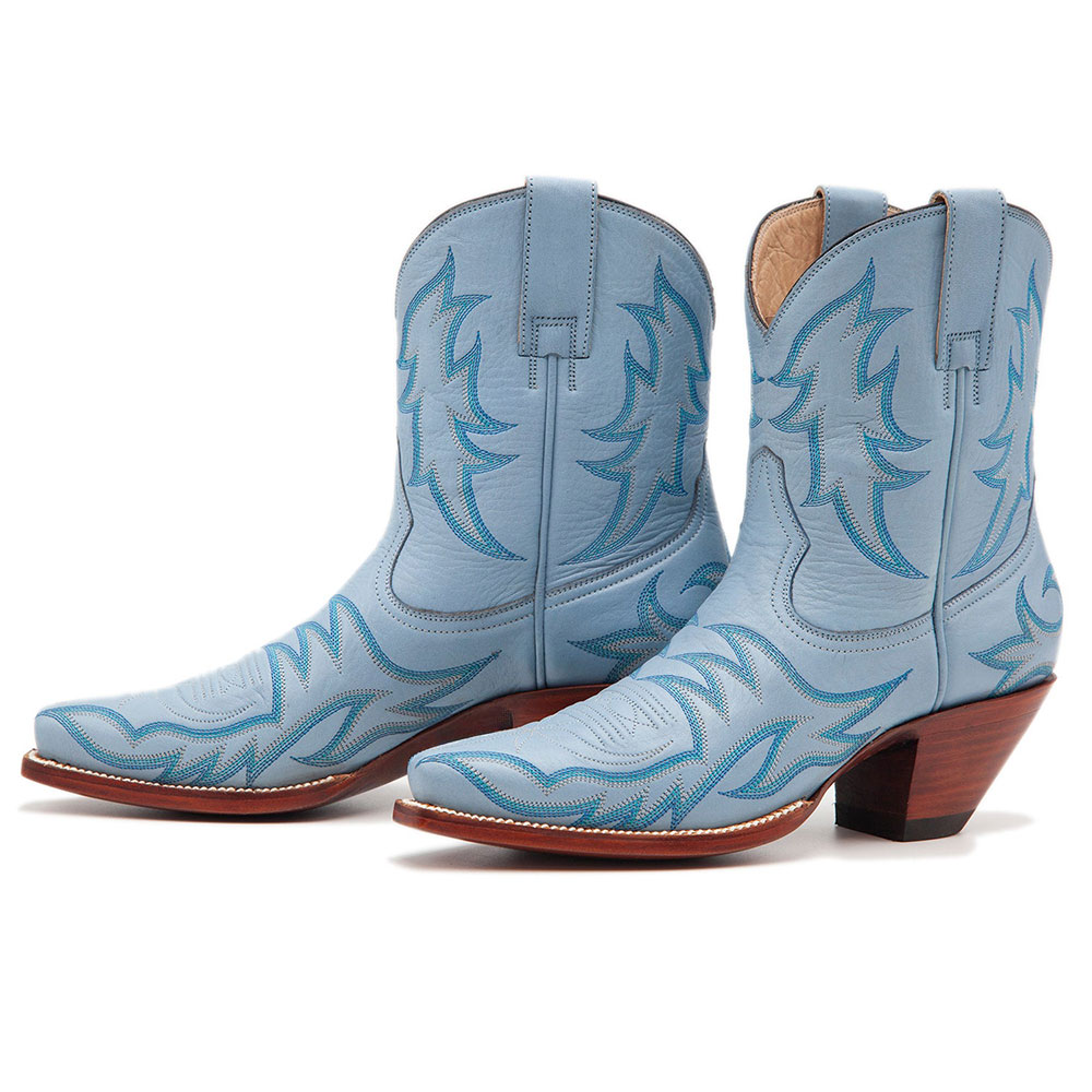 Stylish Snip Toe Vintage Embroidery Short Western Boots in Blue Nicepairs