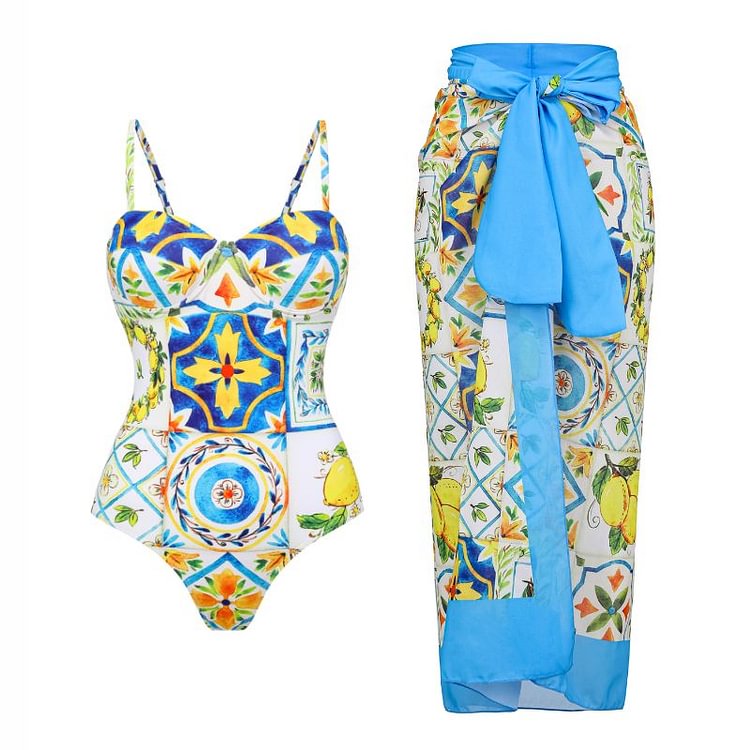 Flaxmaker Blackless Majolica Print One Piece Swimsuit and Sarong 