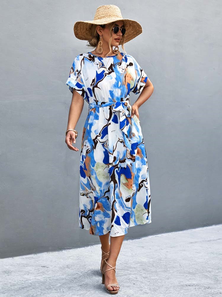 Summer Women's Printed Bohemian Party O-Neck A-Line Loose Midi Dress