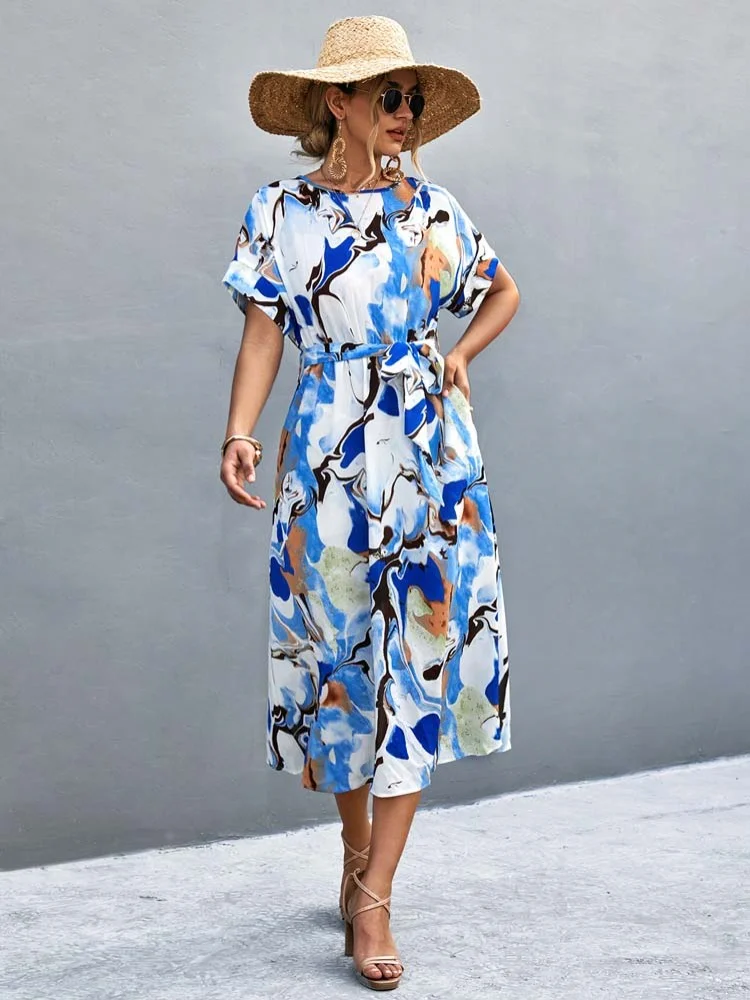 Summer Women's Printed Bohemian Party O-Neck A-Line Loose Midi Dress