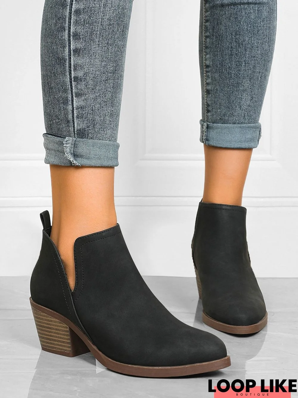 Matte Leather Simple Casual Breathable Chunky Heel Ankle Boots