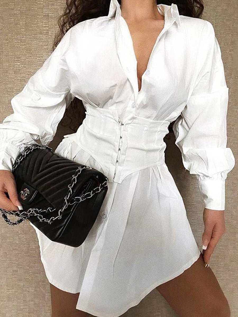 Sexy Shirt Dress Button Drop Shoulder Irregular Hem Dress with Corset