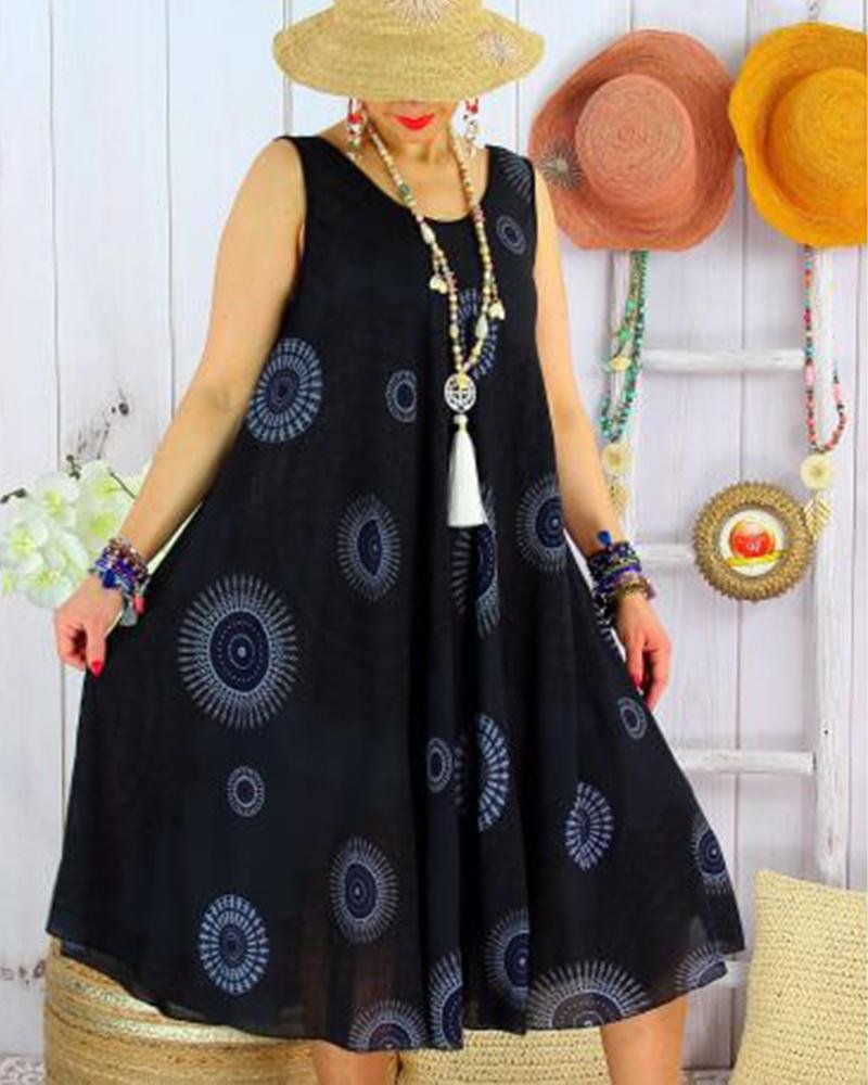 Oversized loose casual round neck print dress
