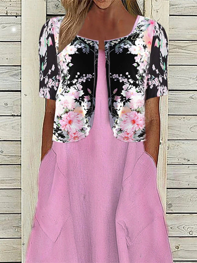 Women Short Sleeve Scoop Neck Floral Printed Pockets Two Piece Midi Dress