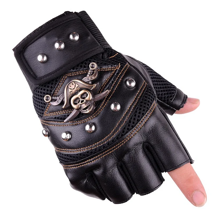Men's PU Leather Metal Decor Studded Half Finger Sports Gloves