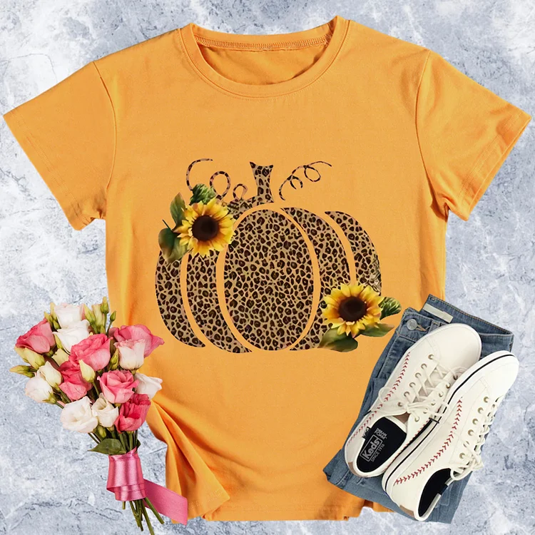 Thanksgiving Leopard Sunflower Pumpkin Round Neck T-shirt