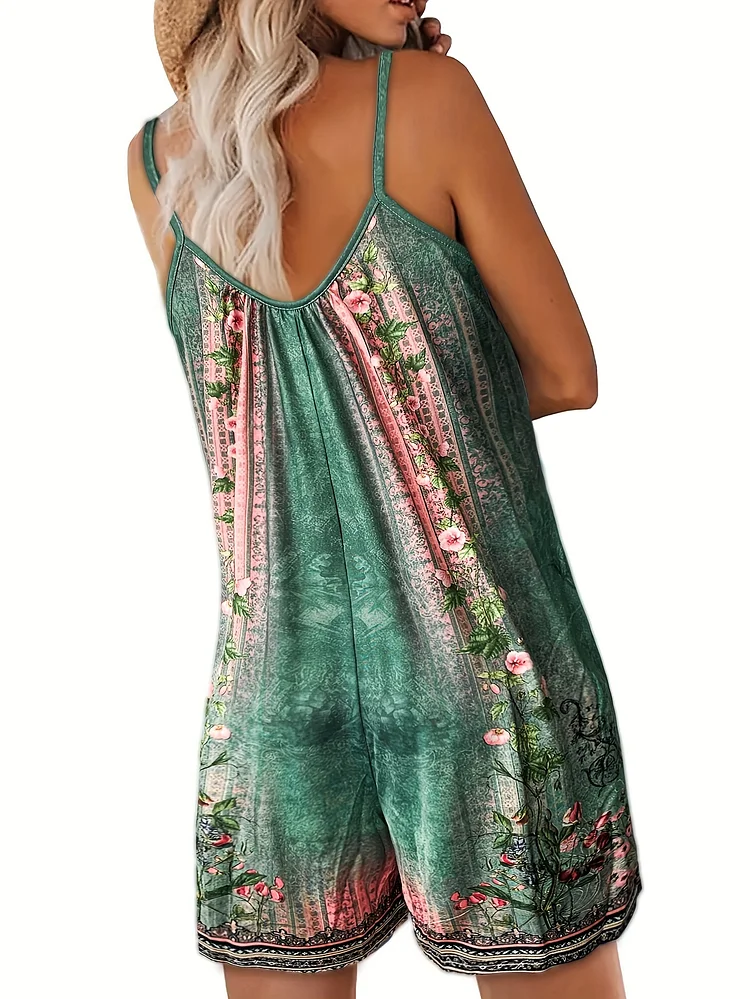 Lightweight Floral Women's Off-Shoulder Jumpsuit | Sleeveless Romper With Pockets, Machine Washable Summer Dress For Beach, Casual & Evening Wear, Vibrant Floral Pattern Vacation Outfit, Beach Dresse