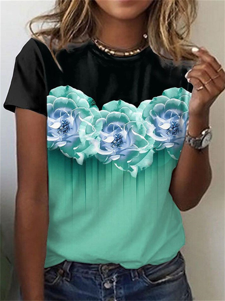 New Gradient Color Floral Colorblocking Positioning Print Women's Round Neck Short-sleeved T-shirt Urban Casual Tops