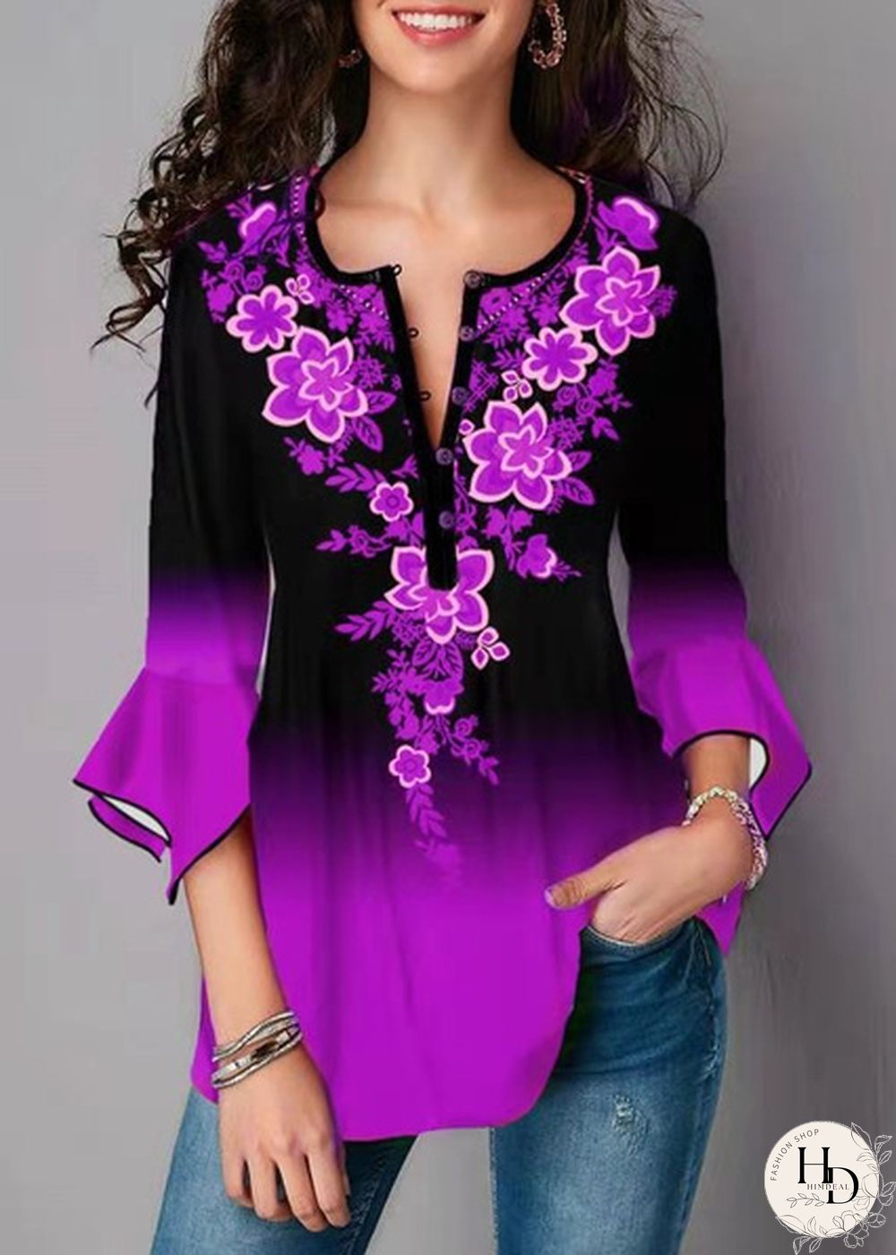 Womens Autumn Fashion Clothes Elegant V-Neck Tunic Tops Casual 3/4 Sleeve Printing Blouse Shirt Plus Size Loose Streetwear Pullover T-shirts XS-8XL