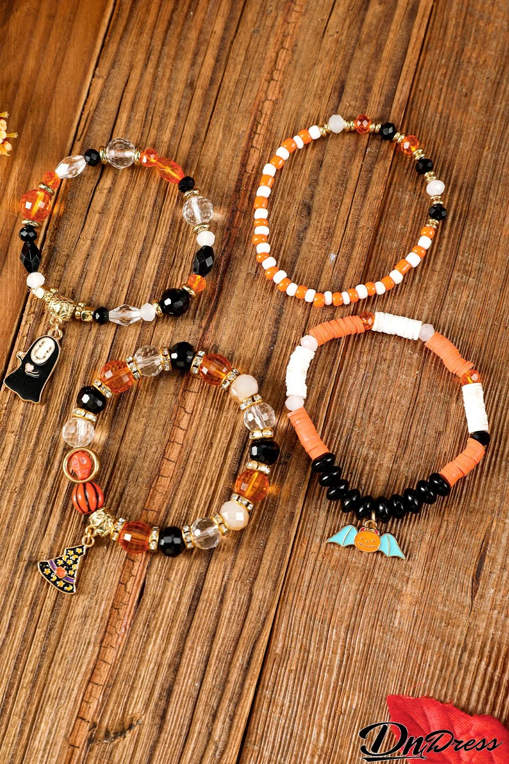 Orange Halloween Pumpkin Ghost Pendant Layered Beaded Bracelet Set
