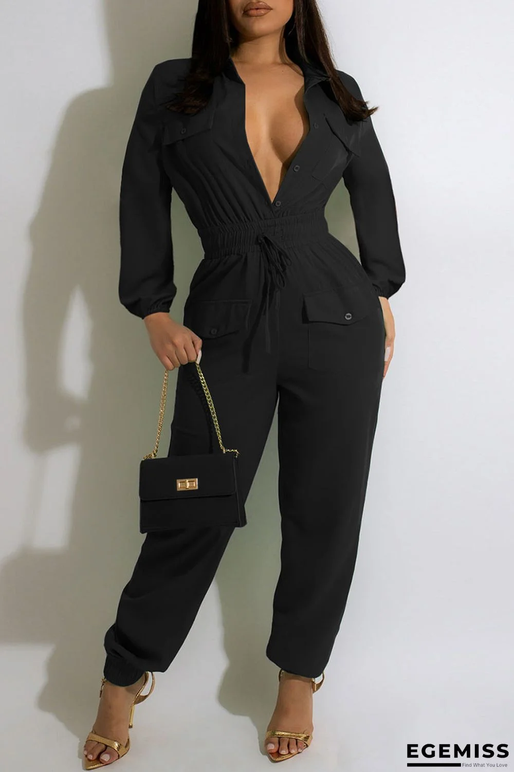 Black Casual Solid Patchwork Buckle Turndown Collar Jumpsuits | EGEMISS