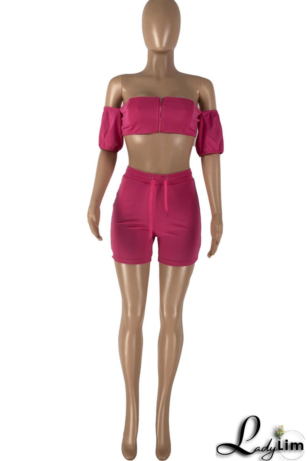 Rose Red Sexy Casual Solid Backless Off the Shoulder Short Sleeve Two Pieces