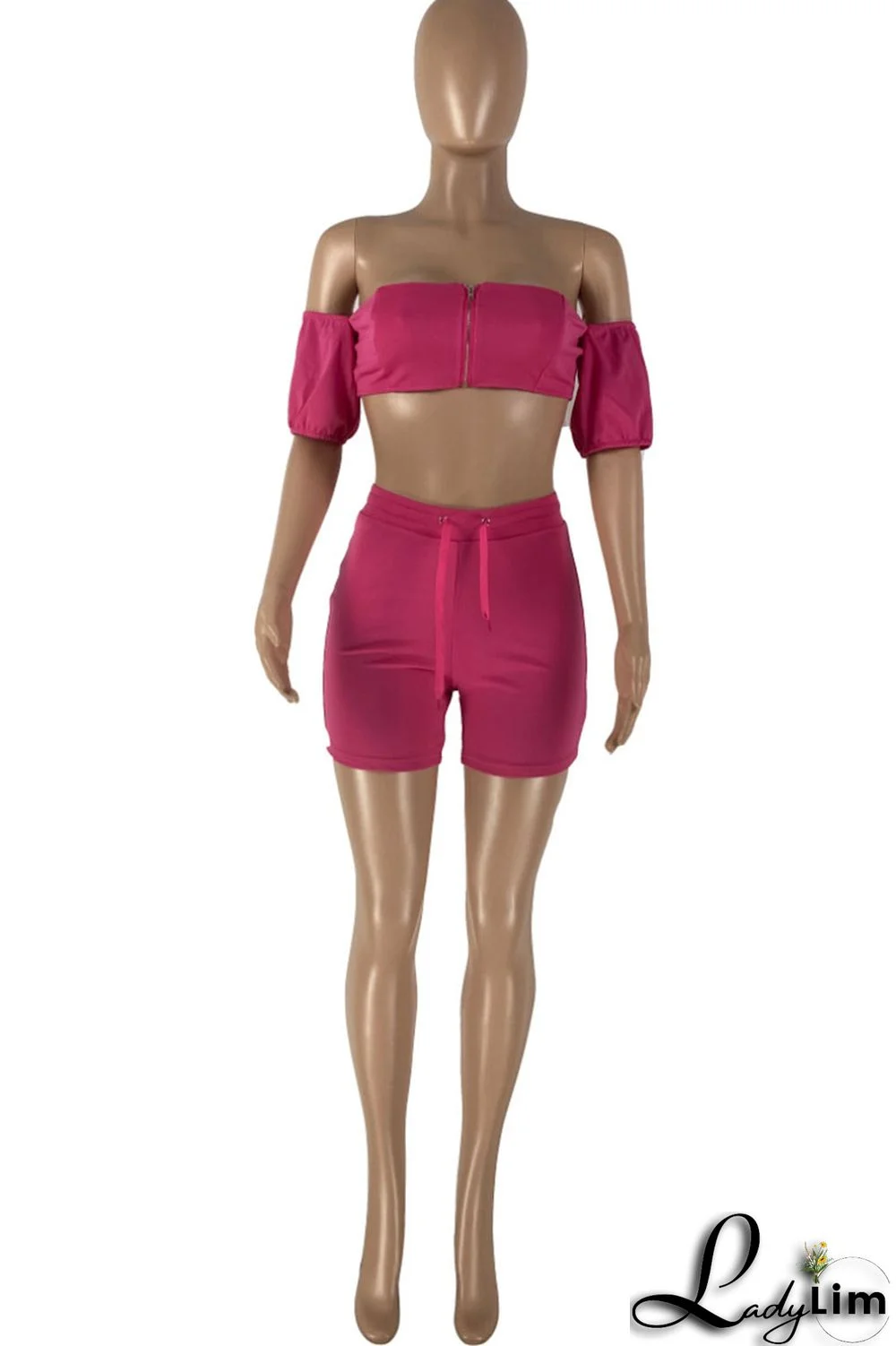 Rose Red Sexy Casual Solid Backless Off the Shoulder Short Sleeve Two Pieces