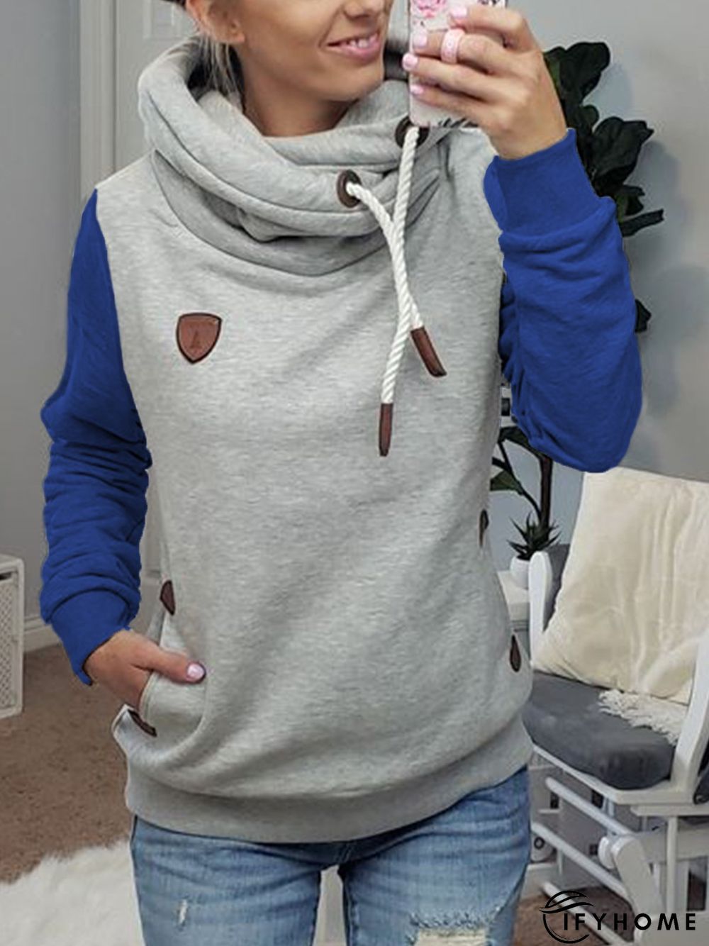 Blue Cotton-Blend Casual Hoodie Tunic Sweatshirt | IFYHOME