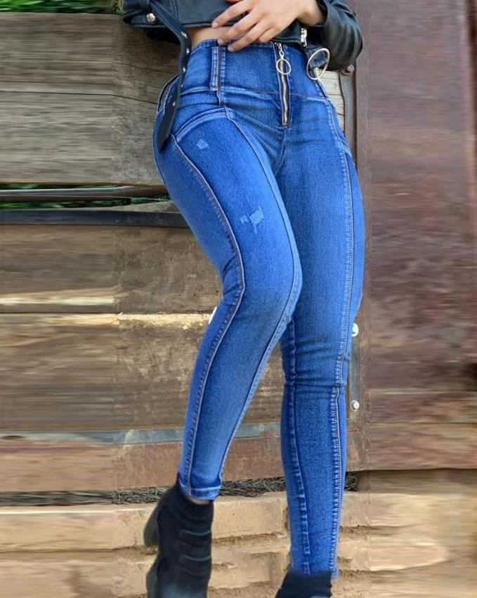 Nncharge Women Denim Zipper Fly High Waist Ripped Skinny Plain Pocket Design Daily Long Jeans Autumn 2023