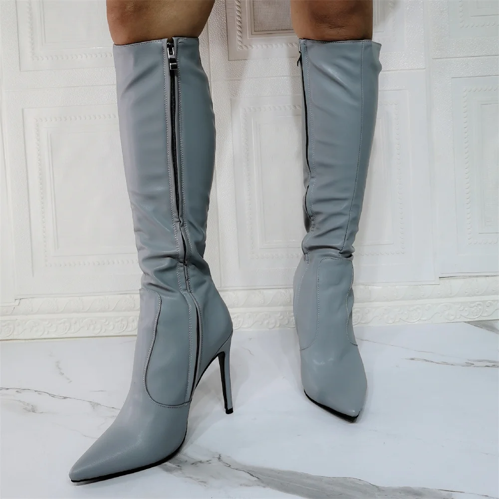 Women's Sexy Grey Ponited Toe Knee High Pointed Toe stiletto Boots  Novameme
