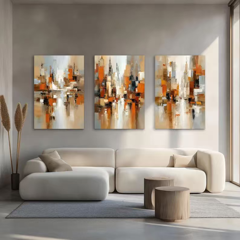 3-Piece Set Abstract Rust Brown Beige Canvas Wall Art