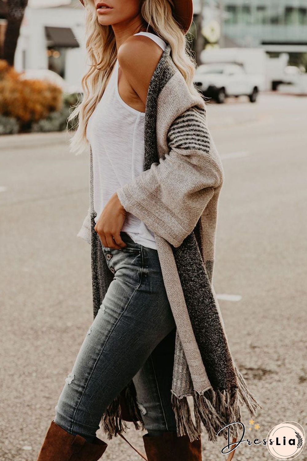Fringe Colorblock Open Front Cardigan