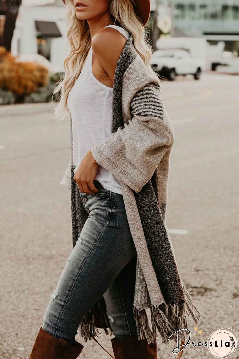 Fringe Colorblock Open Front Cardigan