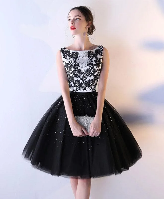Black Lace Tulle Short Prom Dress, Black Evening Dress