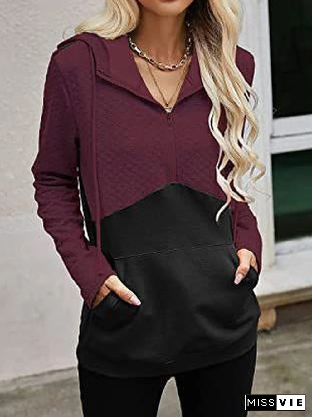 Women's Stitching Hooded Zippe Long Sleeve V-neck Tops