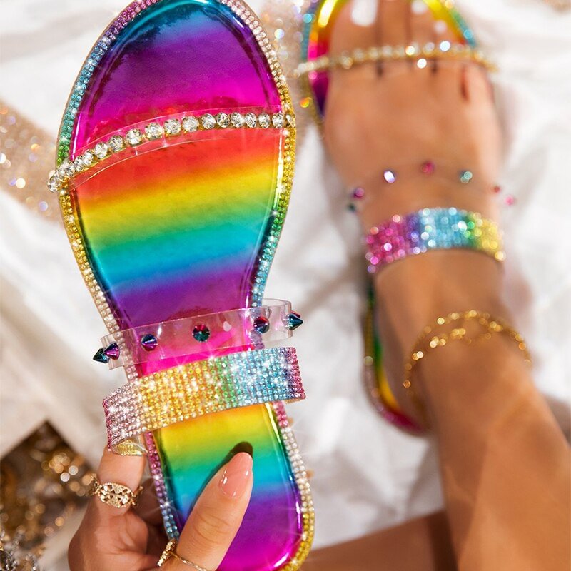 Back to college 2022 Women Rivet Flats Crystal Serpentine Slippers Woman Fashion Ladies Comfortable Slides Summer Female Beach Shoes Plus Size