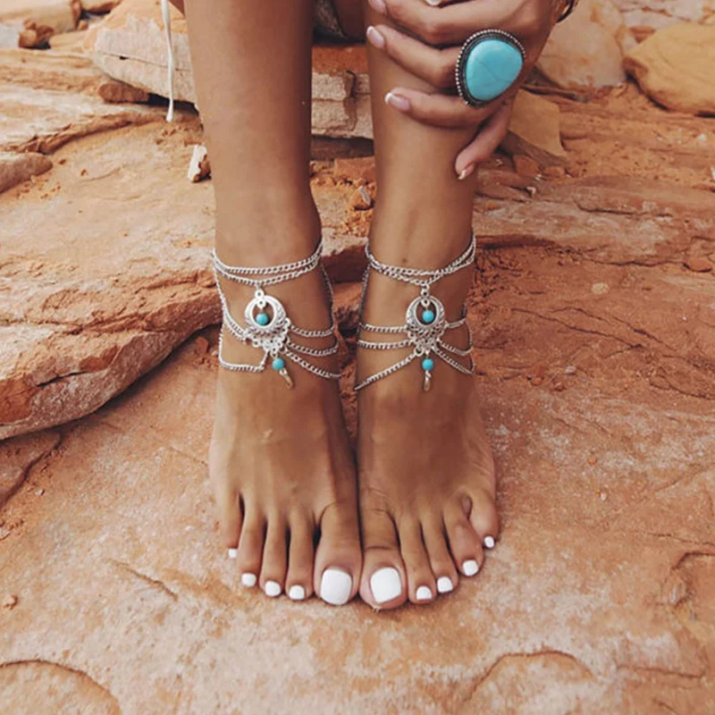 Retro Hollow Turquoise Tassel Droplet Multi-layer Anklet