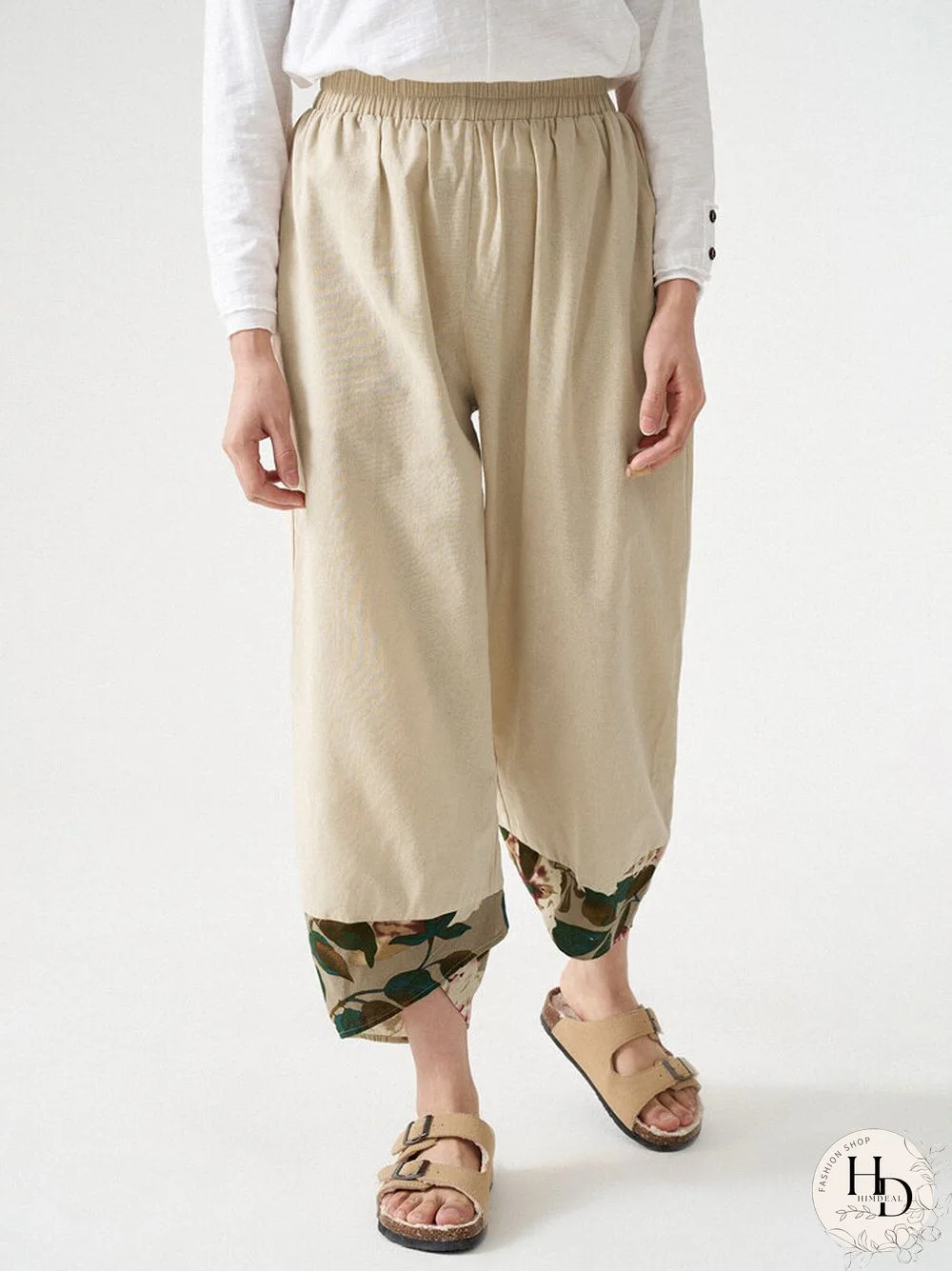 Women Leaves Stitch Elastic Waist Pocket Crop Pants