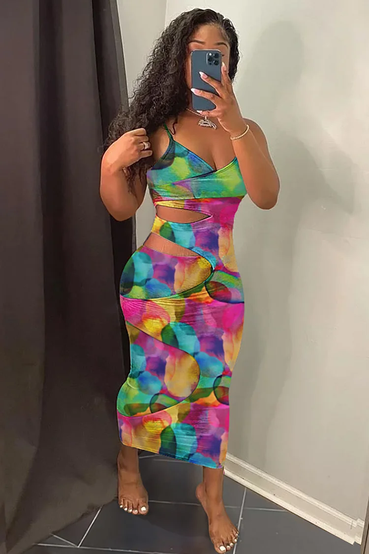 Cami Deep V Neck Cutout Bodycon Pattern Print Maxi Dresses [Pre Order]