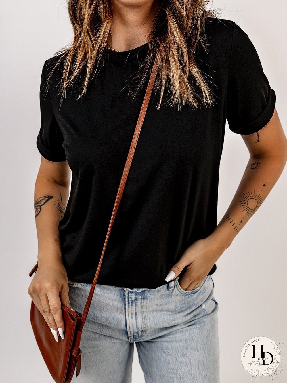 Chic Black Round Neck Short Sleeve Tee