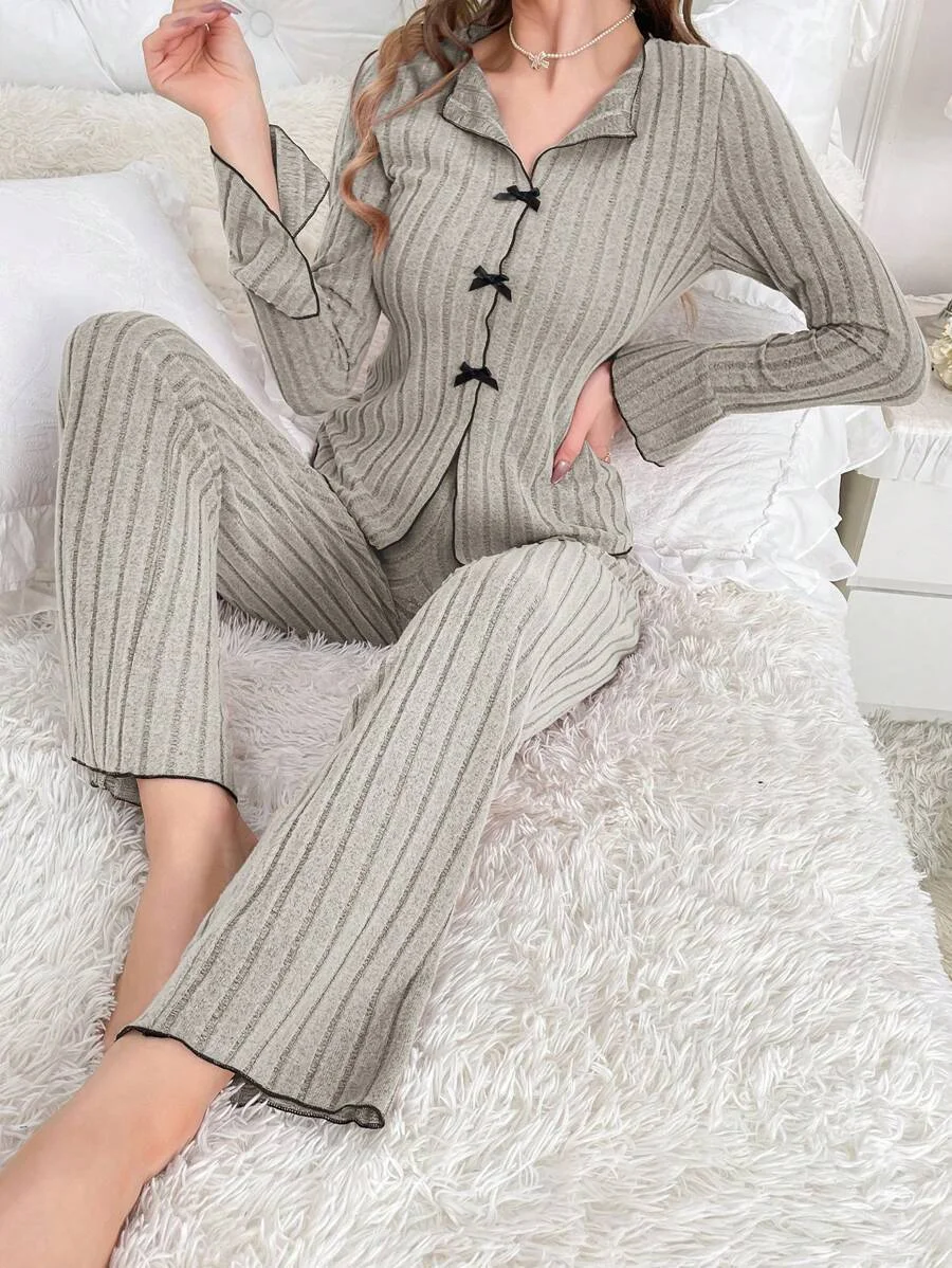 Uveng Pajamas Women Simple Fashion Collar Casual Bow Long Sleeve Trousers Homewear Suit Women