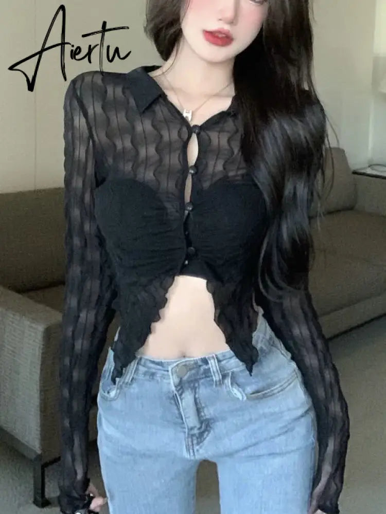 Aiertu Turn-down Collar Long Sleeve Blouse Women Aesthetic Hollow Thin See Through Sexy Irregular Shirt Korean Fashion Ropa Aiertu