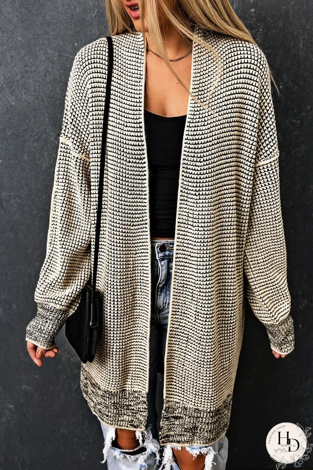 Plaid Knitted Long Open Front Apricot Cardigan