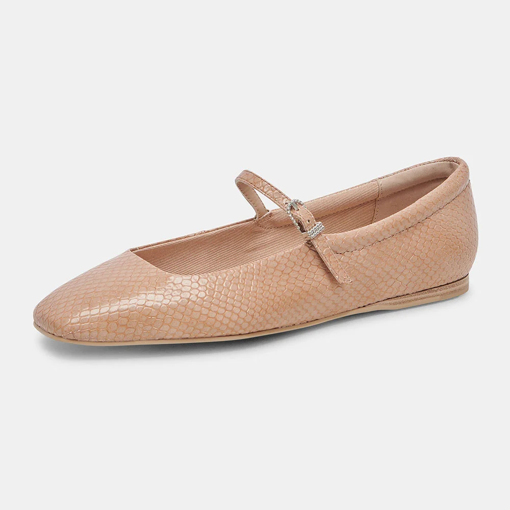 Nude Snakeskin Embossed Square Toe Buckle Strap Flat Shoes Women