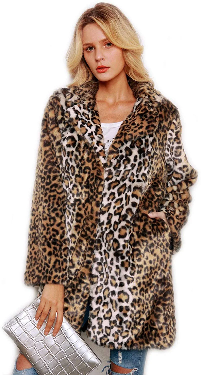 Women Warm Long Sleeve Parka Faux Fur Coat Overcoat Fluffy Top Jacket Leopard