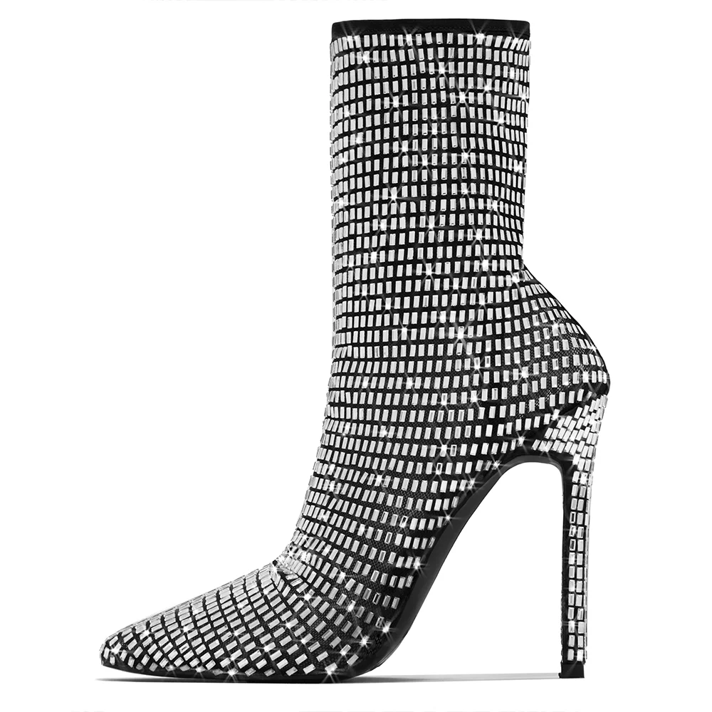 Pointed Toe Rhinestone Decors Sock Boots High Stiletto Heel Calf Boots Nicepairs