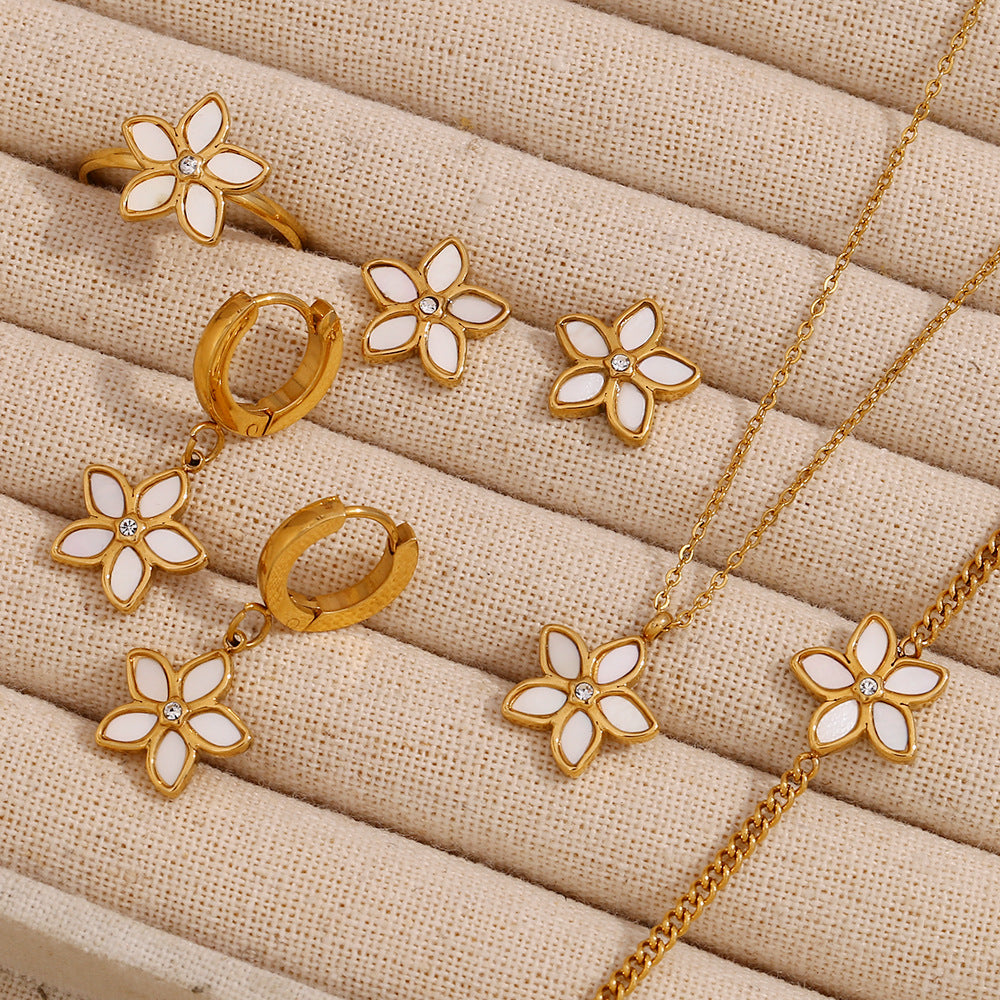 Fashion Niche French Earrings For Women Stainless Steel 18K Gold Plated Shell Flower Bracelet Necklace Ring