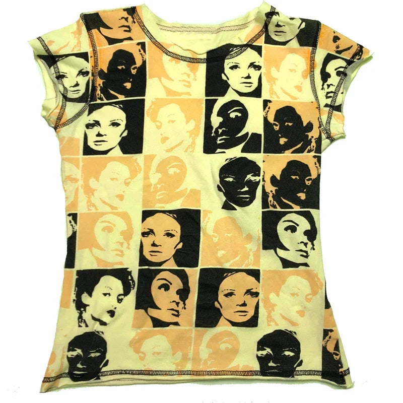 OLCooL Vintage Crop Top Y2K Aesthetic Face Portrait Graphic T-shirt Harajuku Tie Dye Women Summer Sweats Tee Gothic Streetwear olcool