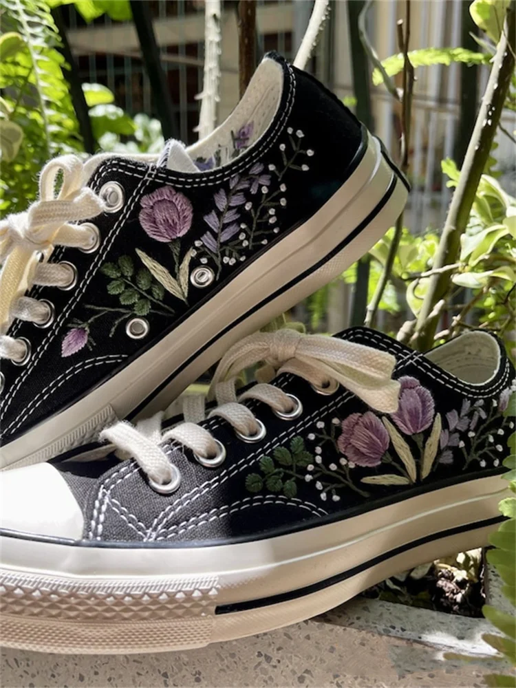 Comstylish Classy Purple Floral Embroidered Canvas Shoes