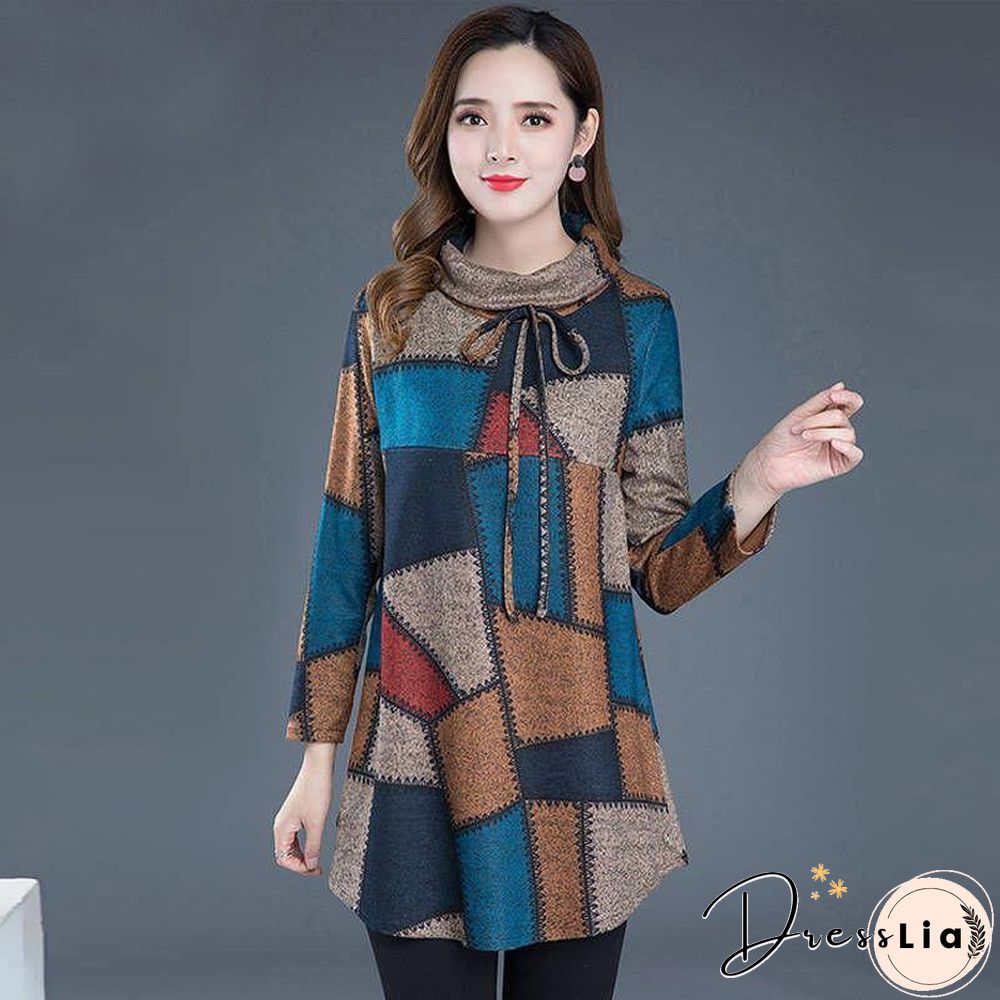 Tunic Women Long sleeve Plus size Tops Vintage Blouse Turtleneck Plaid Autumn Winter Warm Shirt Clothes Ladies Casual