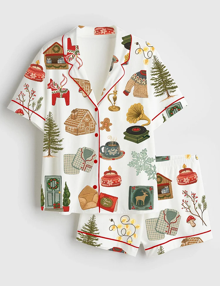 Women&rsquo;s Christmas Lights Cookies Winter Sweater Elk Snowflakes Hot Cocoa Christmas Decorations Christmas Trees Gifts Short Sleeve Satin Pajama Set