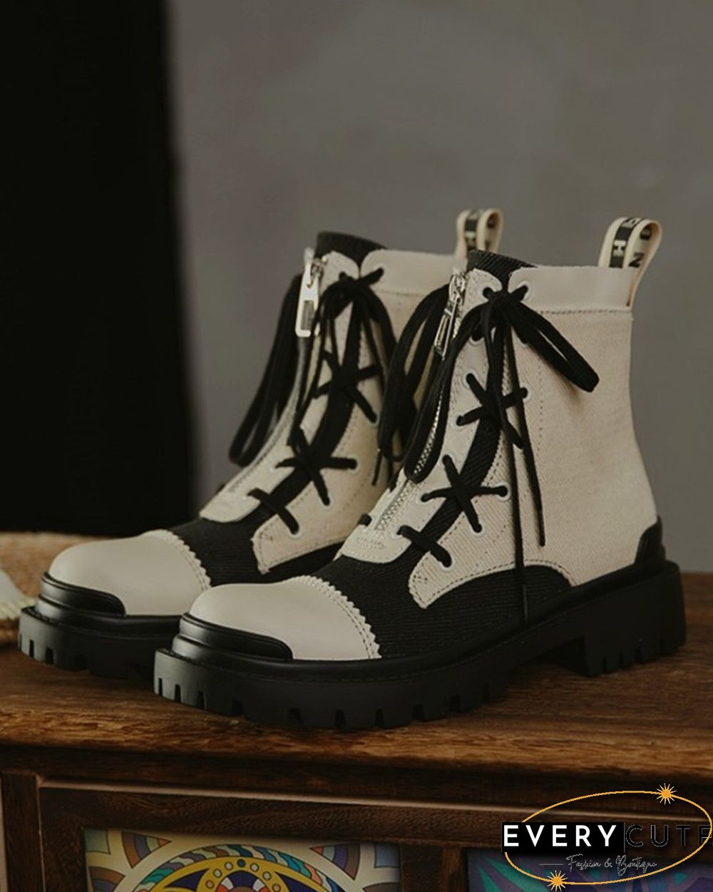Color Patchwork Round-toe Lace-up Boots