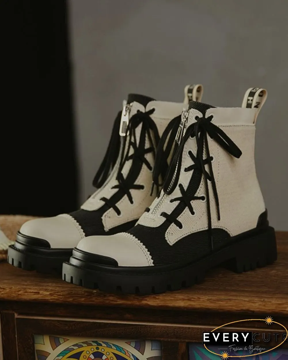 Color Patchwork Round-toe Lace-up Boots