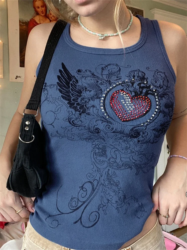 Rapcopter y2k Printed Crop Top Knitted Diamonds Kawaii Grunge Tank Tops Fairycore Sleeveless Sweats Cute Mini Vest Women Retro