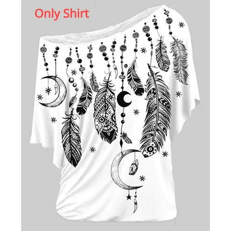 QJONG Women Shirts Blouses Summer 2021 Feather Print One Shoulder Top Casual Ladies Sexy Tops Skew Neck Shirts Blouse