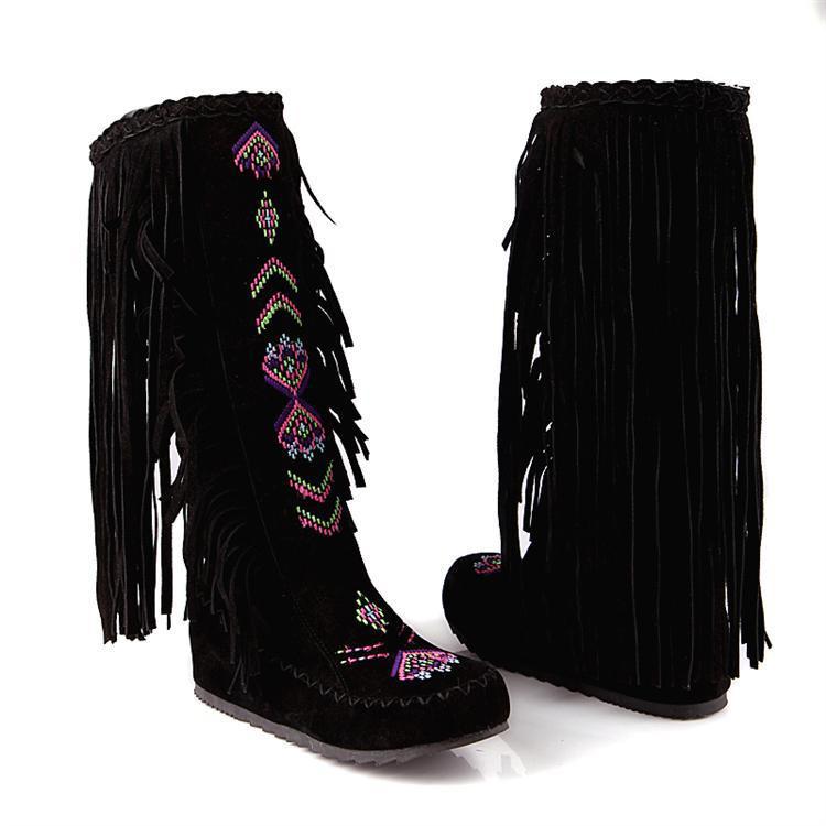 VCSHOES Increased Bohemia Style Embroidery Leisure Tassel Boots