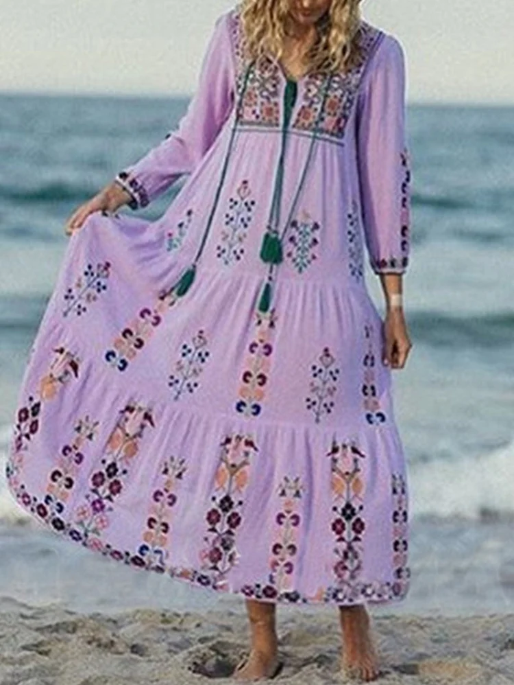 Retro Boho Floral Pattern Long Sleeve Lace-Up Maxi Dress